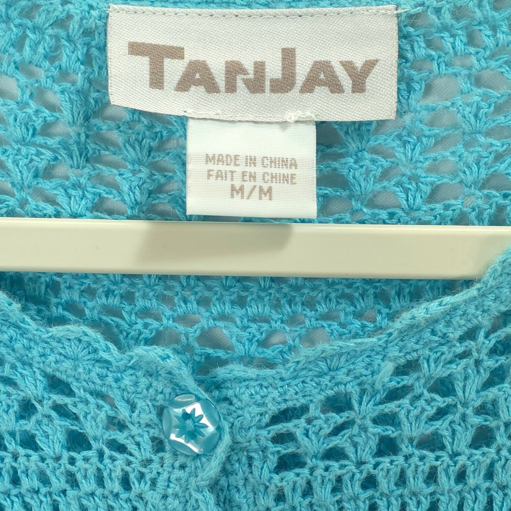 Turquoise Blue Crochet Cardigan Button Front Layering M Short Sleeve Cottagecore - Picture 9 of 10
